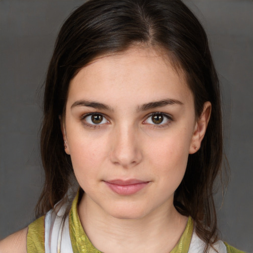 Neutral white young-adult female with medium  brown hair and brown eyes