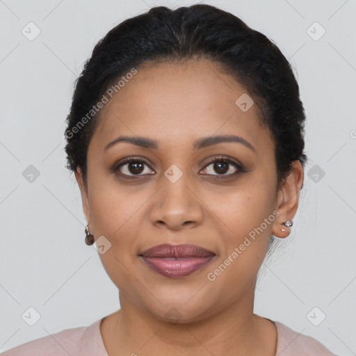 Joyful latino young-adult female with short  brown hair and brown eyes