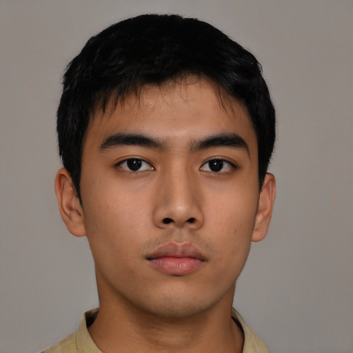 Neutral asian young-adult male with short  brown hair and brown eyes