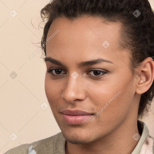 Neutral white young-adult female with short  brown hair and brown eyes