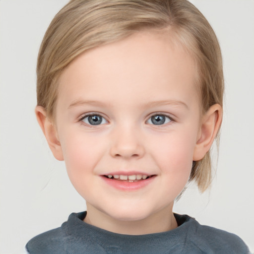 Joyful white child female with medium  brown hair and grey eyes