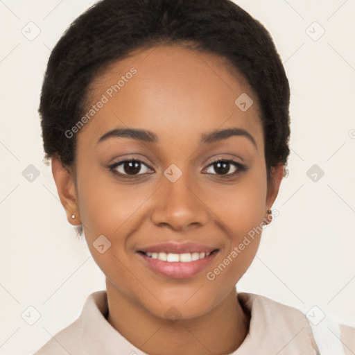 Joyful latino young-adult female with short  brown hair and brown eyes