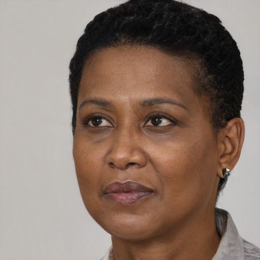 Joyful black adult female with short  black hair and brown eyes