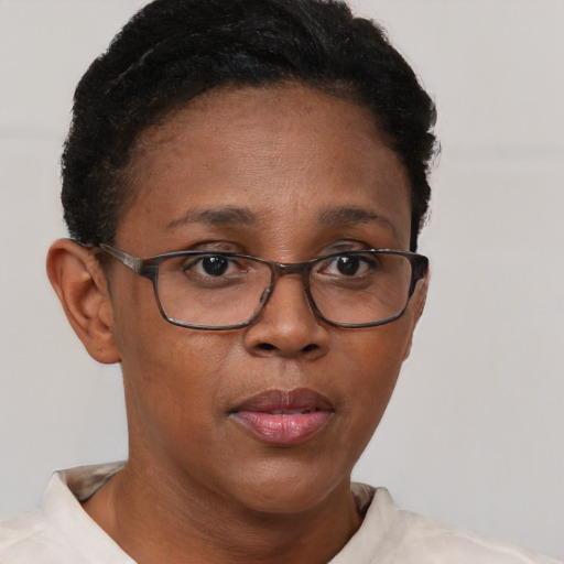 Neutral black adult female with short  brown hair and brown eyes