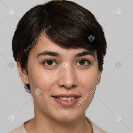 Joyful white young-adult female with medium  brown hair and brown eyes