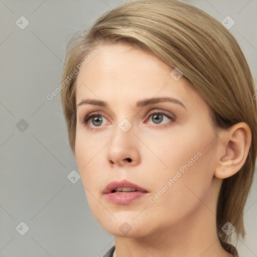 Neutral white young-adult female with medium  brown hair and grey eyes