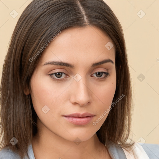 Neutral white young-adult female with medium  brown hair and brown eyes