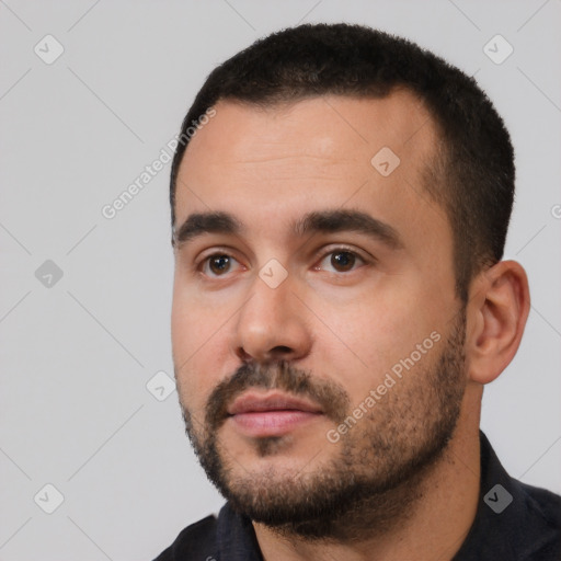 Neutral white young-adult male with short  black hair and brown eyes