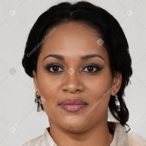 Joyful black young-adult female with medium  black hair and brown eyes