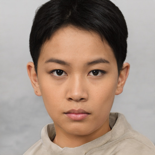 Neutral asian young-adult female with short  brown hair and brown eyes