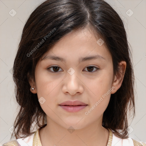 Joyful white child female with medium  brown hair and brown eyes