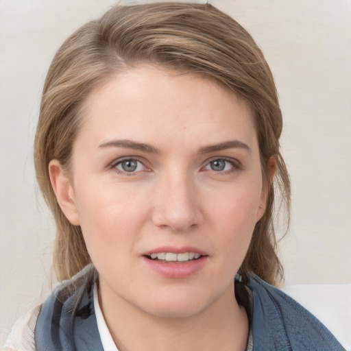 Neutral white young-adult female with medium  brown hair and grey eyes