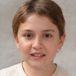 Joyful white child female with medium  brown hair and brown eyes