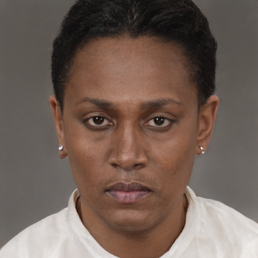 Neutral black young-adult female with short  brown hair and brown eyes