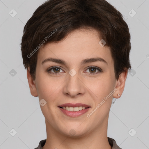 Joyful white young-adult female with short  brown hair and brown eyes