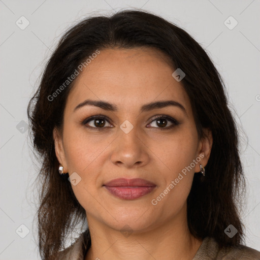 Joyful latino young-adult female with medium  brown hair and brown eyes