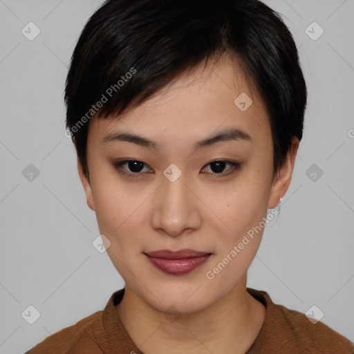 Joyful asian young-adult female with short  black hair and brown eyes
