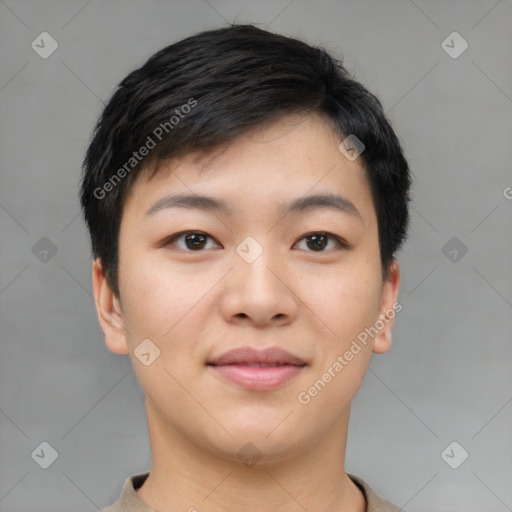 Joyful asian young-adult female with short  brown hair and brown eyes