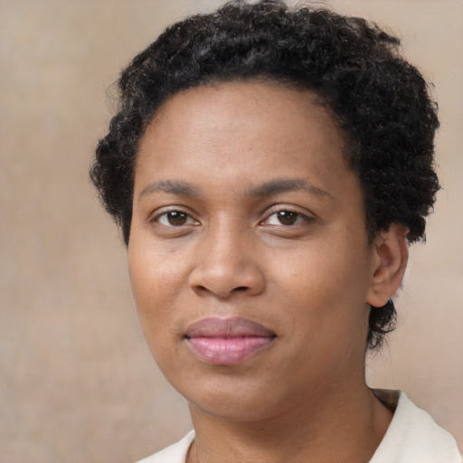 Neutral black young-adult female with short  black hair and brown eyes