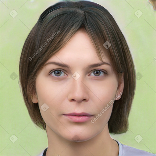 Neutral white young-adult female with short  brown hair and brown eyes