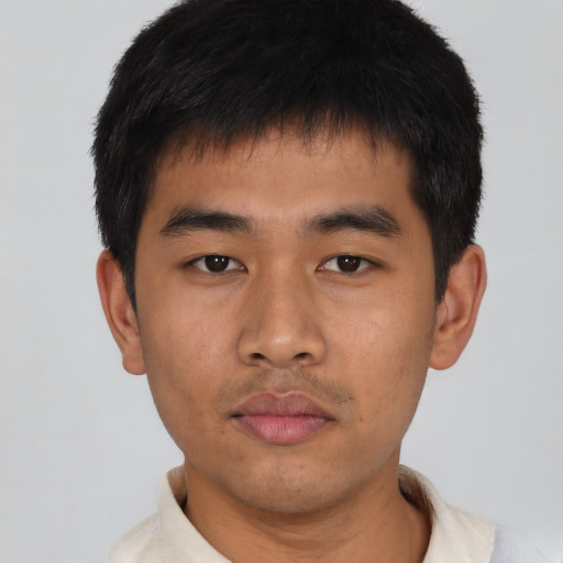 Neutral asian young-adult male with short  black hair and brown eyes