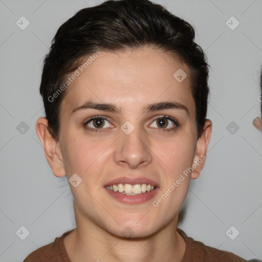 Joyful white young-adult female with short  brown hair and brown eyes