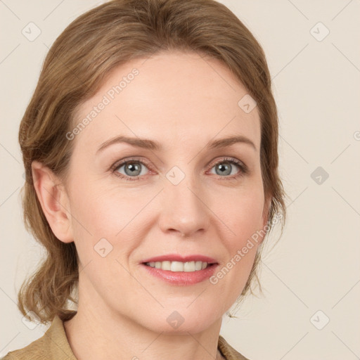 Joyful white young-adult female with medium  brown hair and green eyes