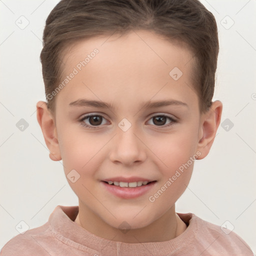 Joyful white child female with short  brown hair and brown eyes