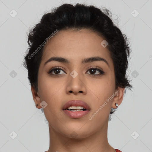 Neutral asian young-adult female with short  brown hair and brown eyes