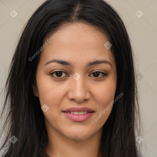 Joyful latino young-adult female with long  brown hair and brown eyes