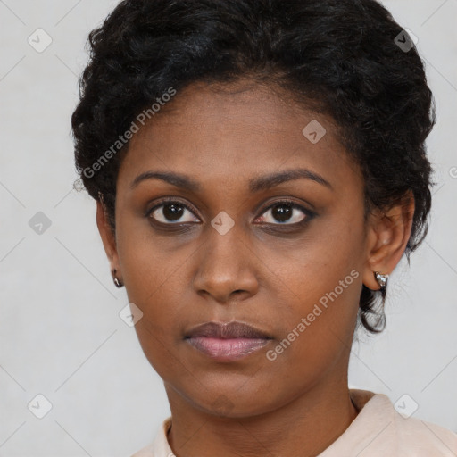 Neutral black young-adult female with short  brown hair and brown eyes