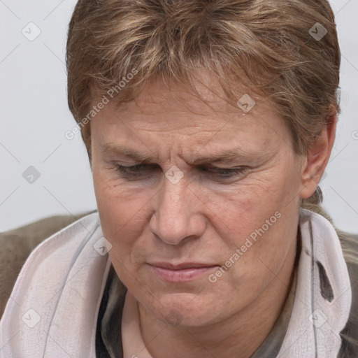 Joyful white middle-aged female with short  brown hair and brown eyes