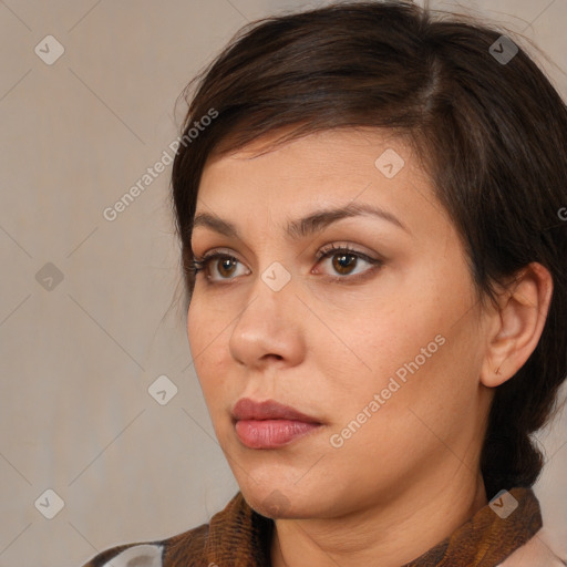 Neutral white young-adult female with medium  brown hair and brown eyes