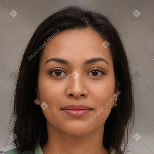 Joyful latino young-adult female with long  brown hair and brown eyes