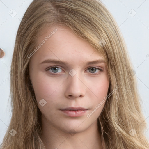 Neutral white young-adult female with long  brown hair and brown eyes
