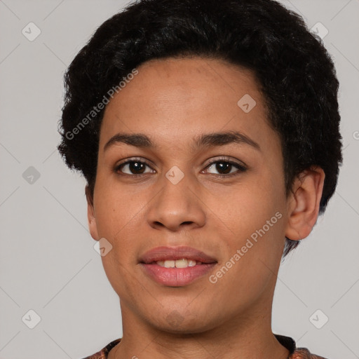 Joyful latino young-adult female with short  black hair and brown eyes