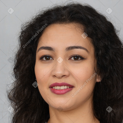 Joyful latino young-adult female with long  brown hair and brown eyes