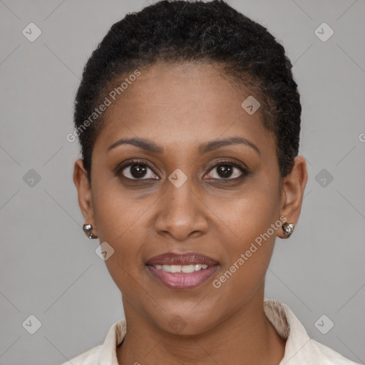 Joyful black young-adult female with short  brown hair and brown eyes