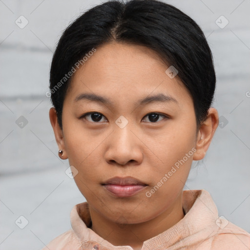 Neutral asian young-adult female with short  brown hair and brown eyes