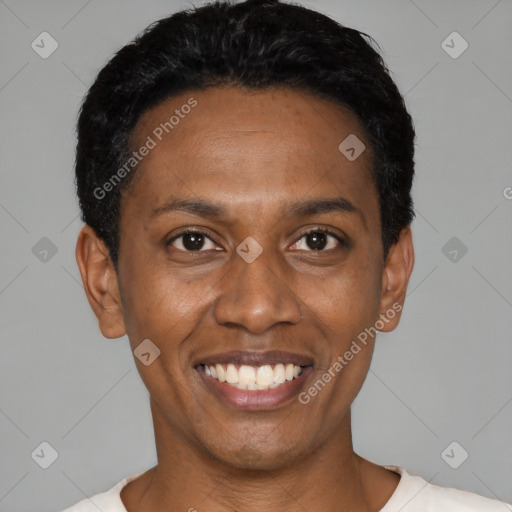 Joyful latino young-adult female with short  black hair and brown eyes