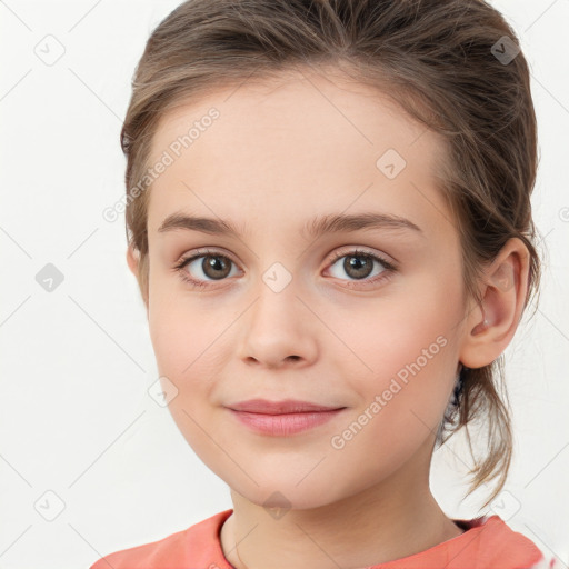 Joyful white child female with medium  brown hair and brown eyes