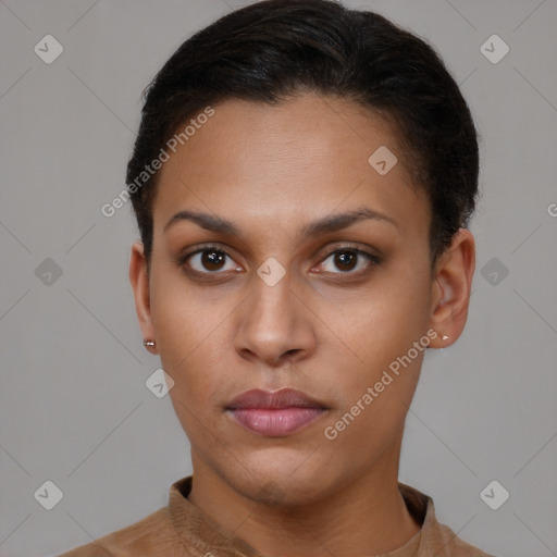 Neutral latino young-adult female with short  brown hair and brown eyes