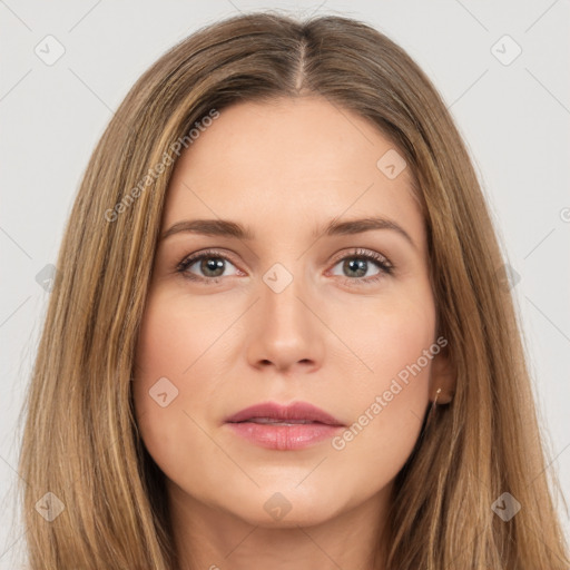 Neutral white young-adult female with long  brown hair and brown eyes