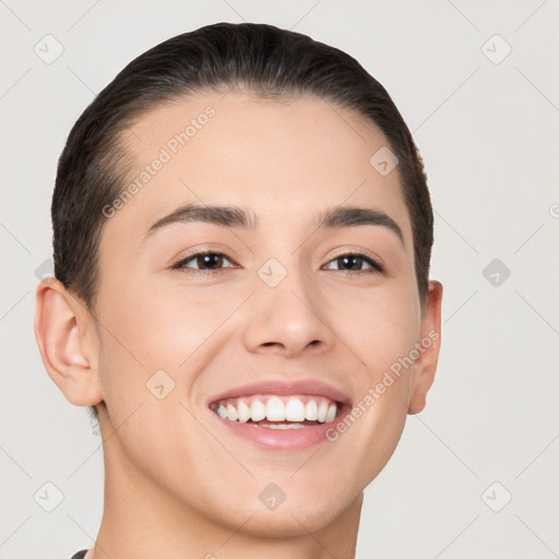 Joyful white young-adult female with short  brown hair and brown eyes