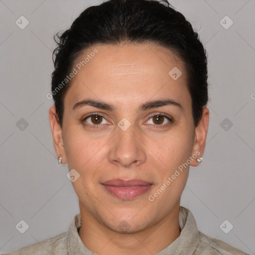 Joyful white young-adult female with short  brown hair and brown eyes