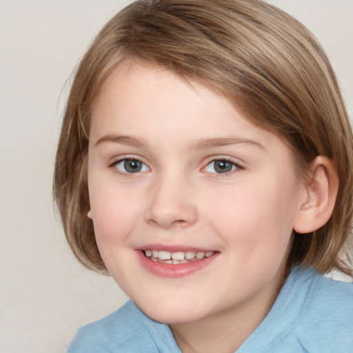 Joyful white child female with medium  brown hair and grey eyes