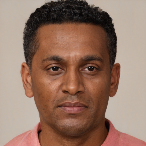 Neutral black adult male with short  brown hair and brown eyes