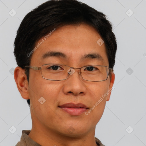 Joyful asian adult male with short  brown hair and brown eyes