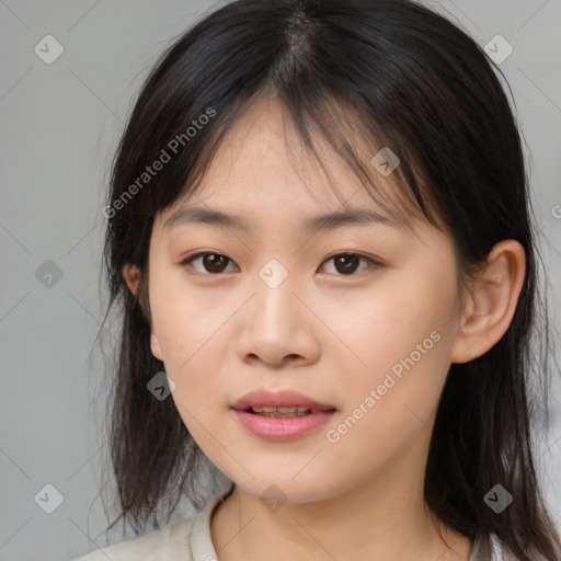 Neutral asian young-adult female with medium  brown hair and brown eyes