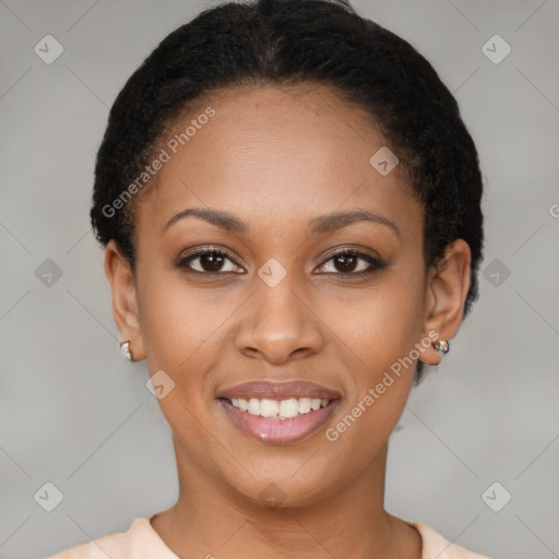 Joyful latino young-adult female with short  brown hair and brown eyes